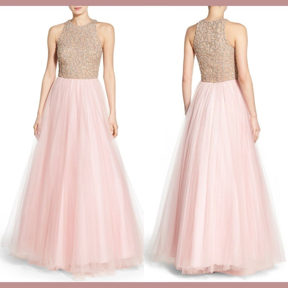 NWT Glamour By Terani Couture‎ [ size 10 ] Embellished Tulle Ballgown Nude/Pink